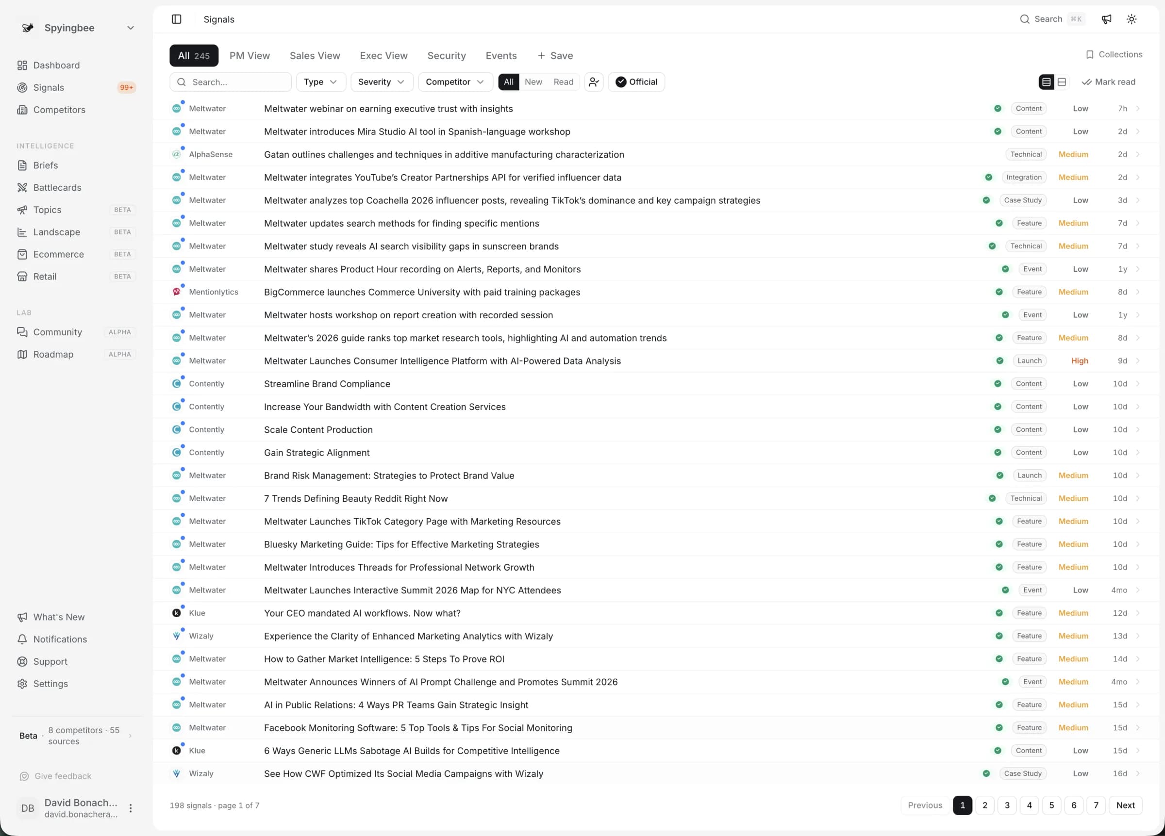 Spyingbee dashboard — live signal feed